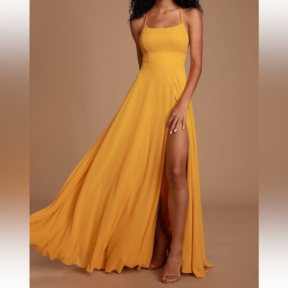 NWT Dreamy Romance Mustard Yellow Backless Maxi Dress